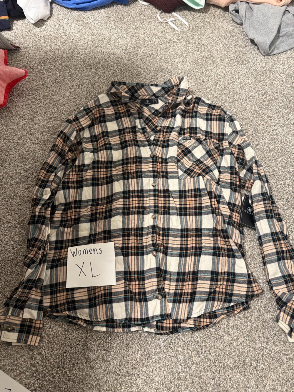 Volcom Womens Plaid Button-Down Shirt - Cream, Black & Tan